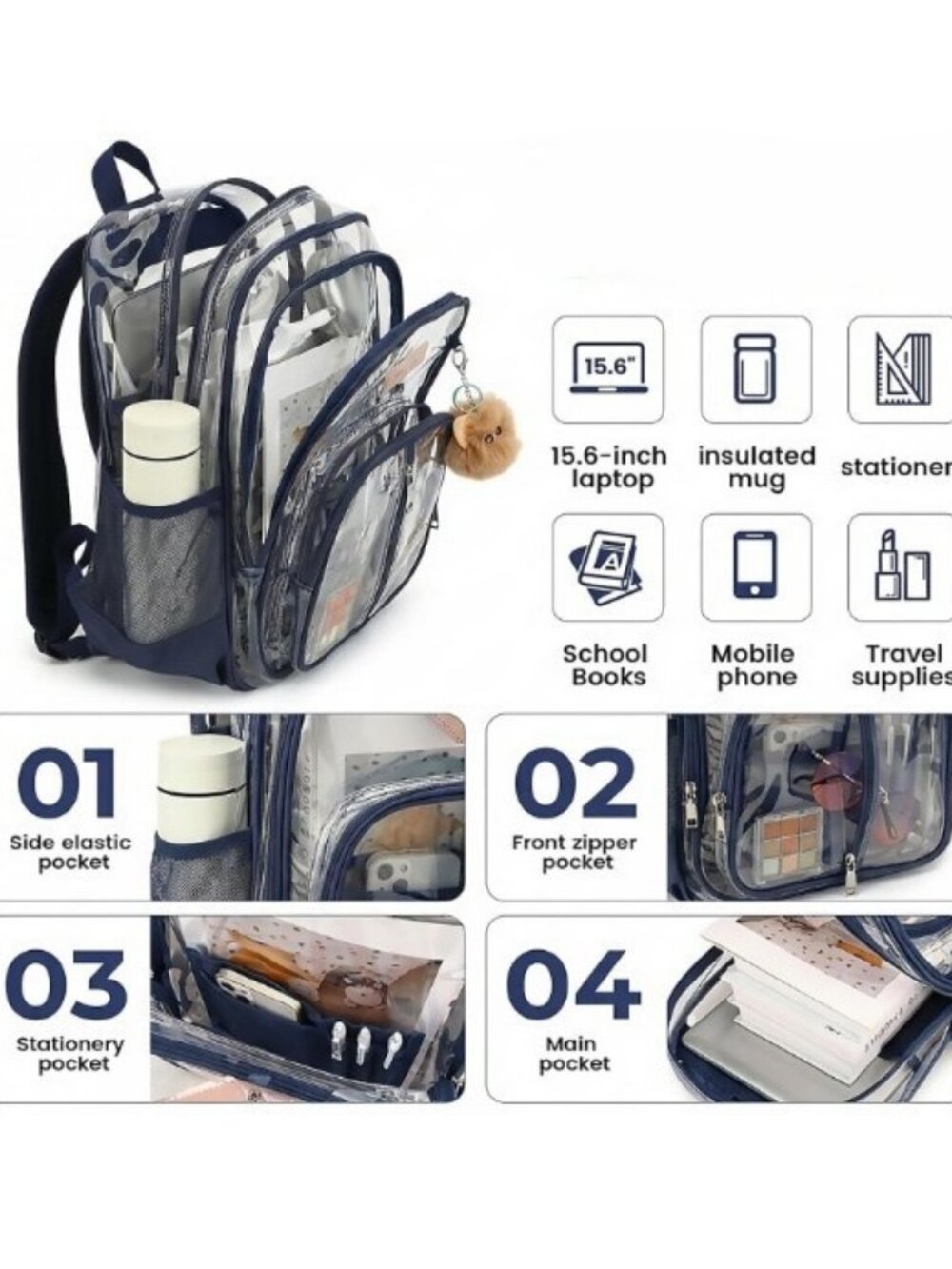 New: Clear Backpack with Navy Blue Trim - Fits 15" Laptop - Picture 9 of 10